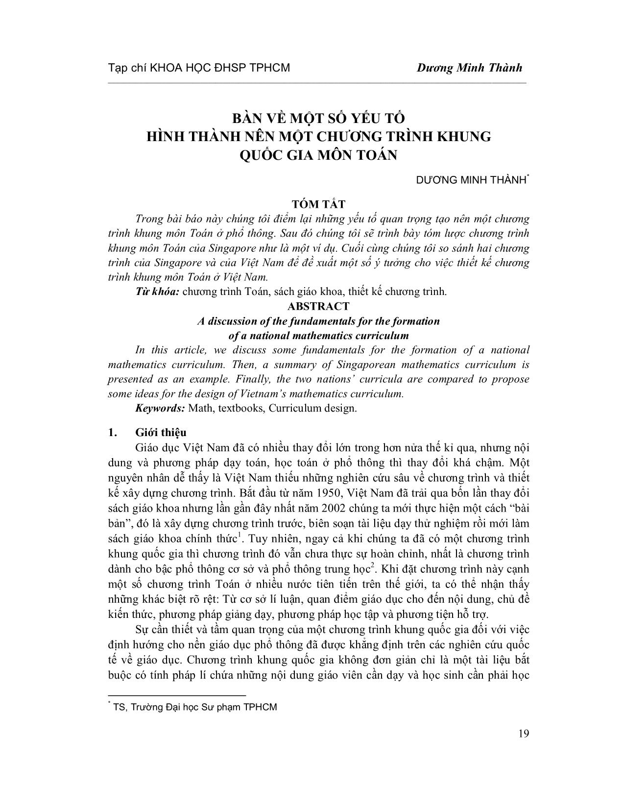 Bàn về một số yếu tố hình thành nên một chương trình khung quốc gia môn Toán trang 1