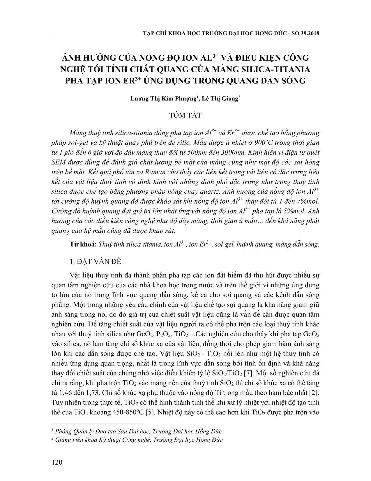 Ảnh hưởng của nồng độ ion Al3+ và điều kiện công nghệ tới tính chất quang của màng Silica-titania pha tạp ion Er3+ ứng dụng trong quang dẫn sóng trang 1