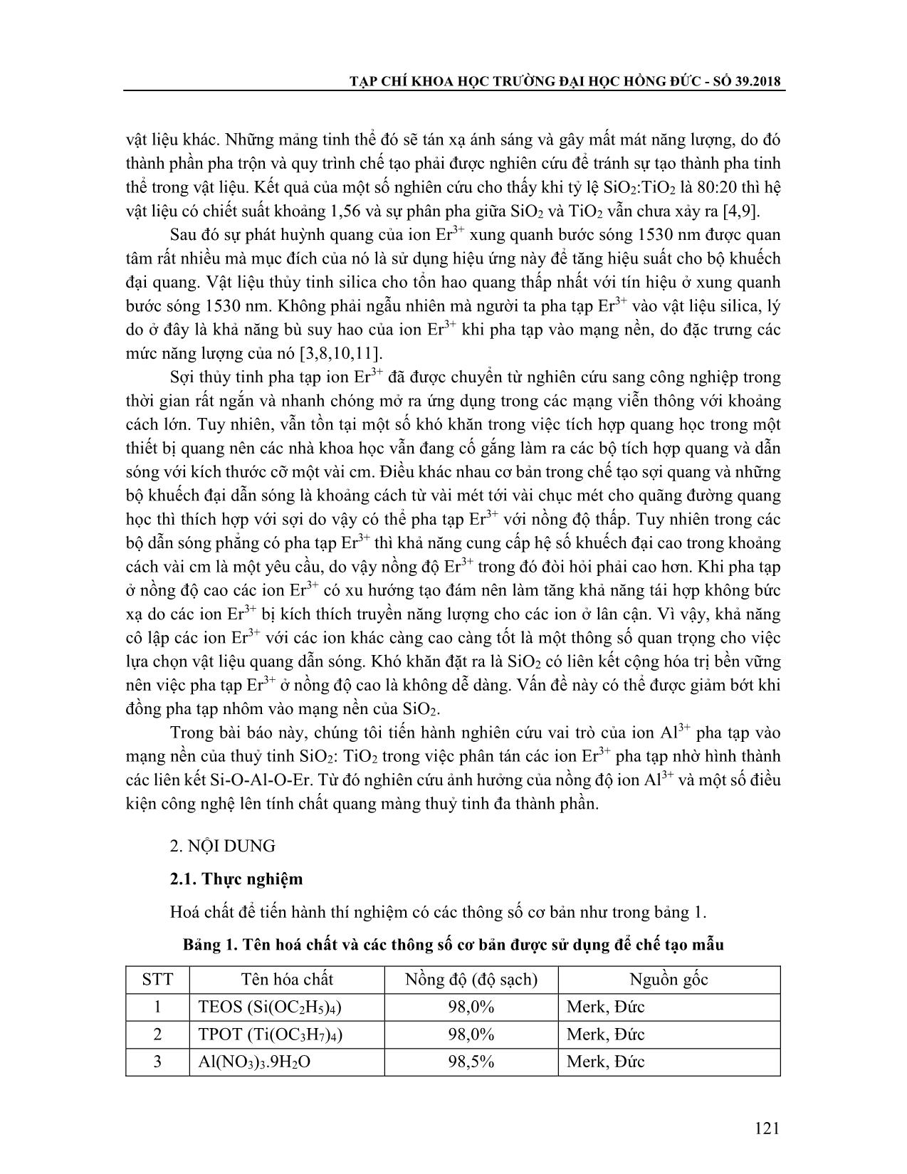 Ảnh hưởng của nồng độ ion Al3+ và điều kiện công nghệ tới tính chất quang của màng Silica-titania pha tạp ion Er3+ ứng dụng trong quang dẫn sóng trang 2