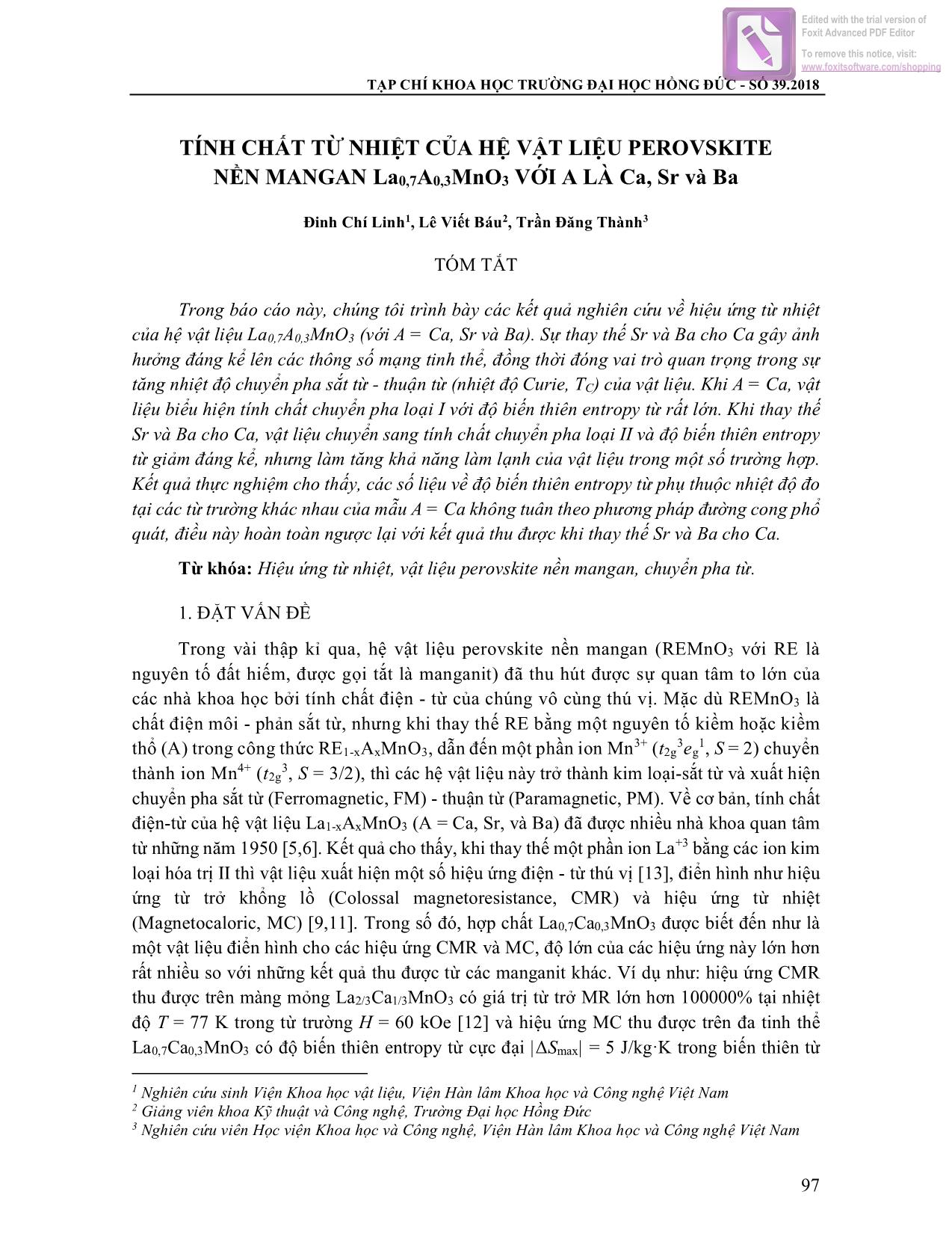 Tính chất từ nhiệt của hệ vật liệu Perovskite nền mangan La₀,7A₀,3MnO₃ với A Là Ca, Sr và Ba trang 1