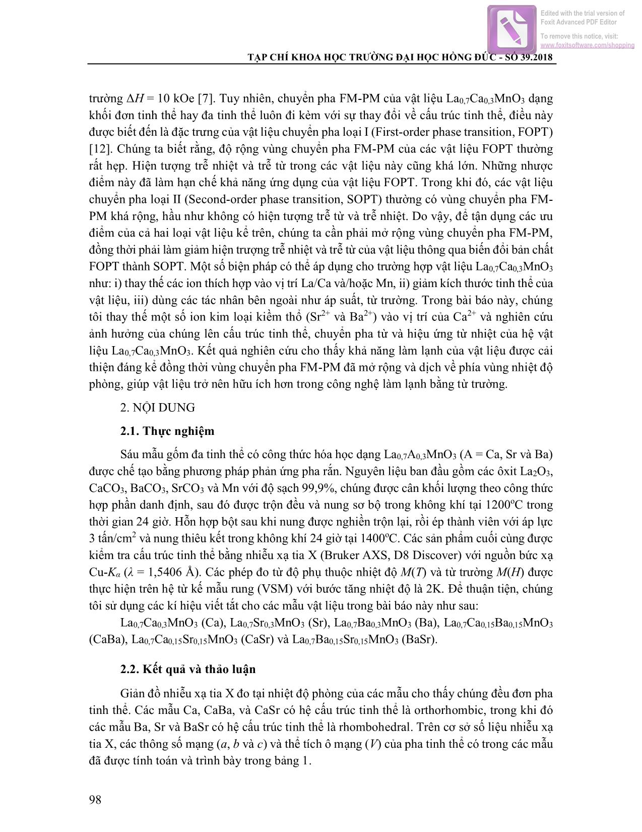 Tính chất từ nhiệt của hệ vật liệu Perovskite nền mangan La₀,7A₀,3MnO₃ với A Là Ca, Sr và Ba trang 2