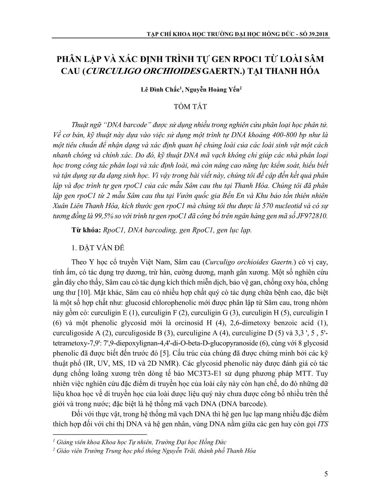 Phân lập và xác định trình tự gen RPOC1 từ loài Sâm cau (Curculigo orchioides Gaertn.) tại Thanh Hóa trang 1