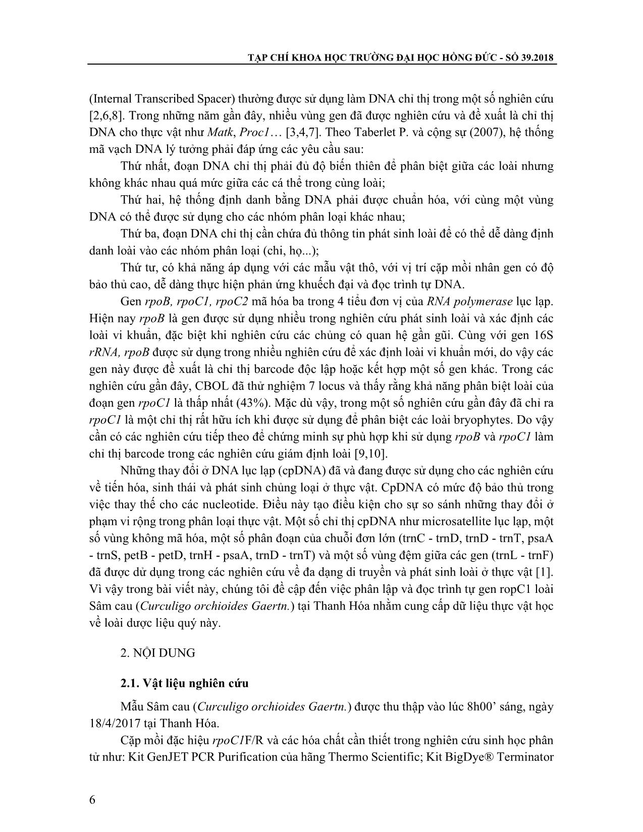 Phân lập và xác định trình tự gen RPOC1 từ loài Sâm cau (Curculigo orchioides Gaertn.) tại Thanh Hóa trang 2