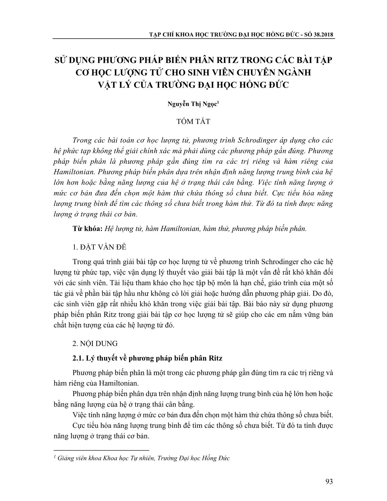 Sử dụng phương pháp biến phân Ritz trong các bài tập cơ học lượng tử cho sinh viên chuyên ngành Vật lý của trường Đại học Hồng Đức trang 1