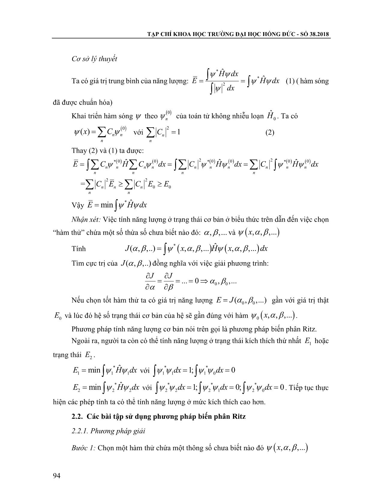 Sử dụng phương pháp biến phân Ritz trong các bài tập cơ học lượng tử cho sinh viên chuyên ngành Vật lý của trường Đại học Hồng Đức trang 2
