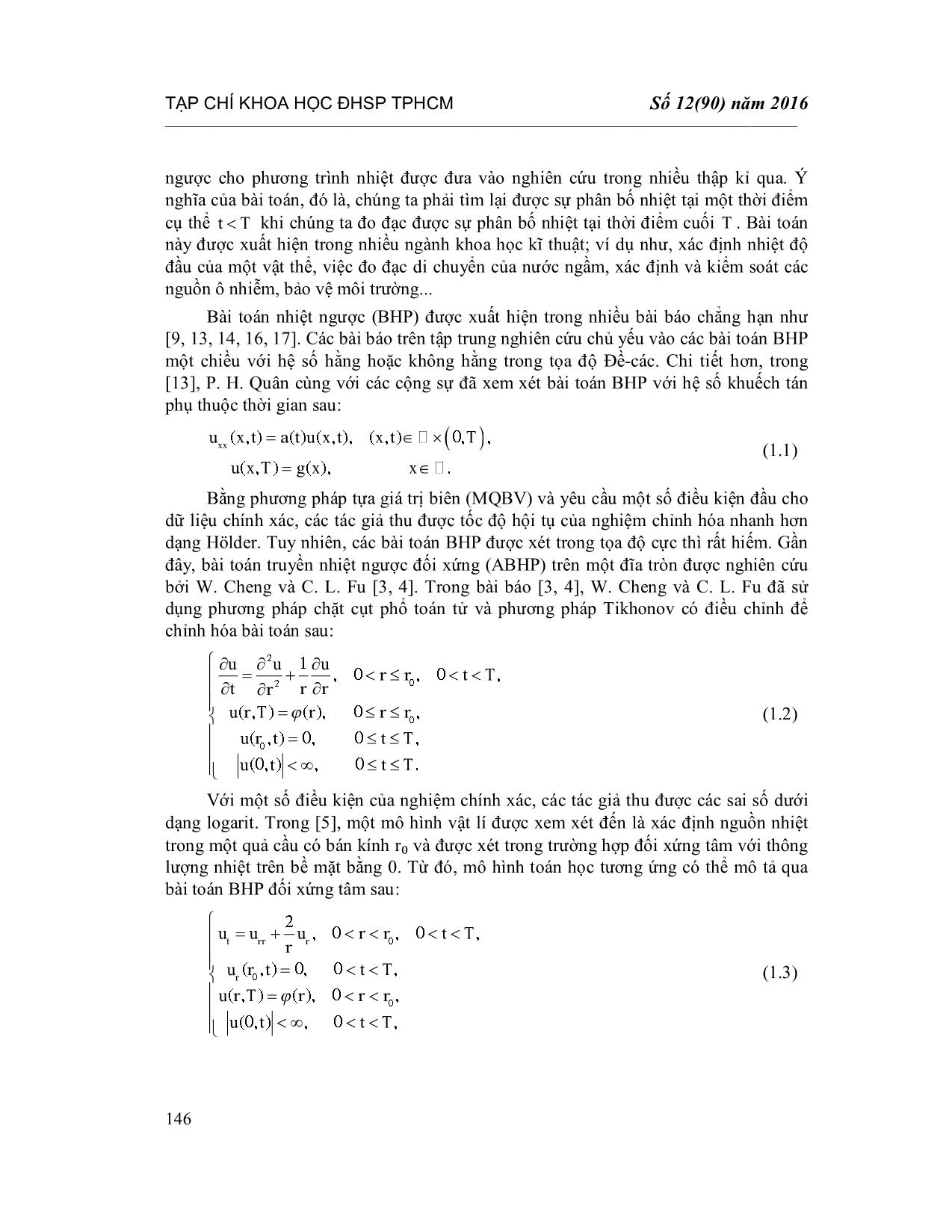 Chỉnh hóa bài toán nhiệt ngược với hệ số phụ thuộc thời gian trong tọa độ cầu trang 2