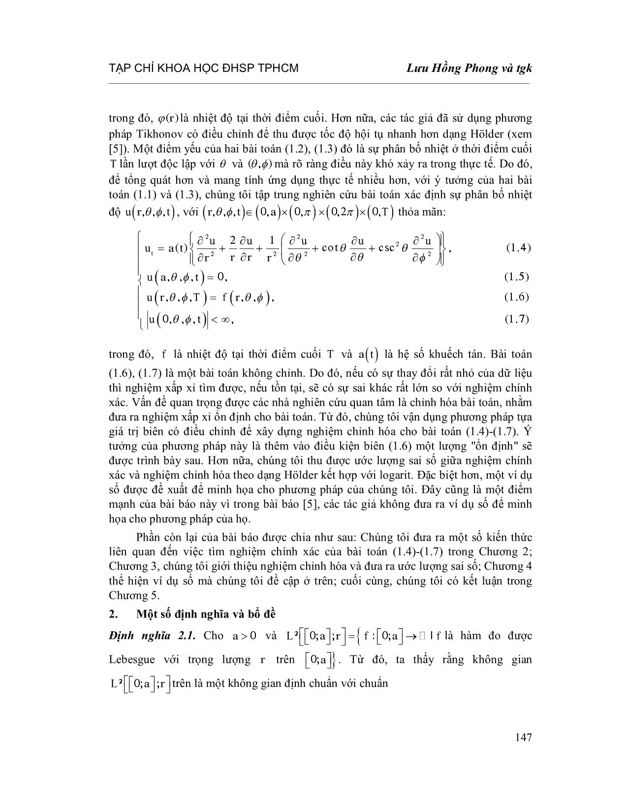 Chỉnh hóa bài toán nhiệt ngược với hệ số phụ thuộc thời gian trong tọa độ cầu trang 3