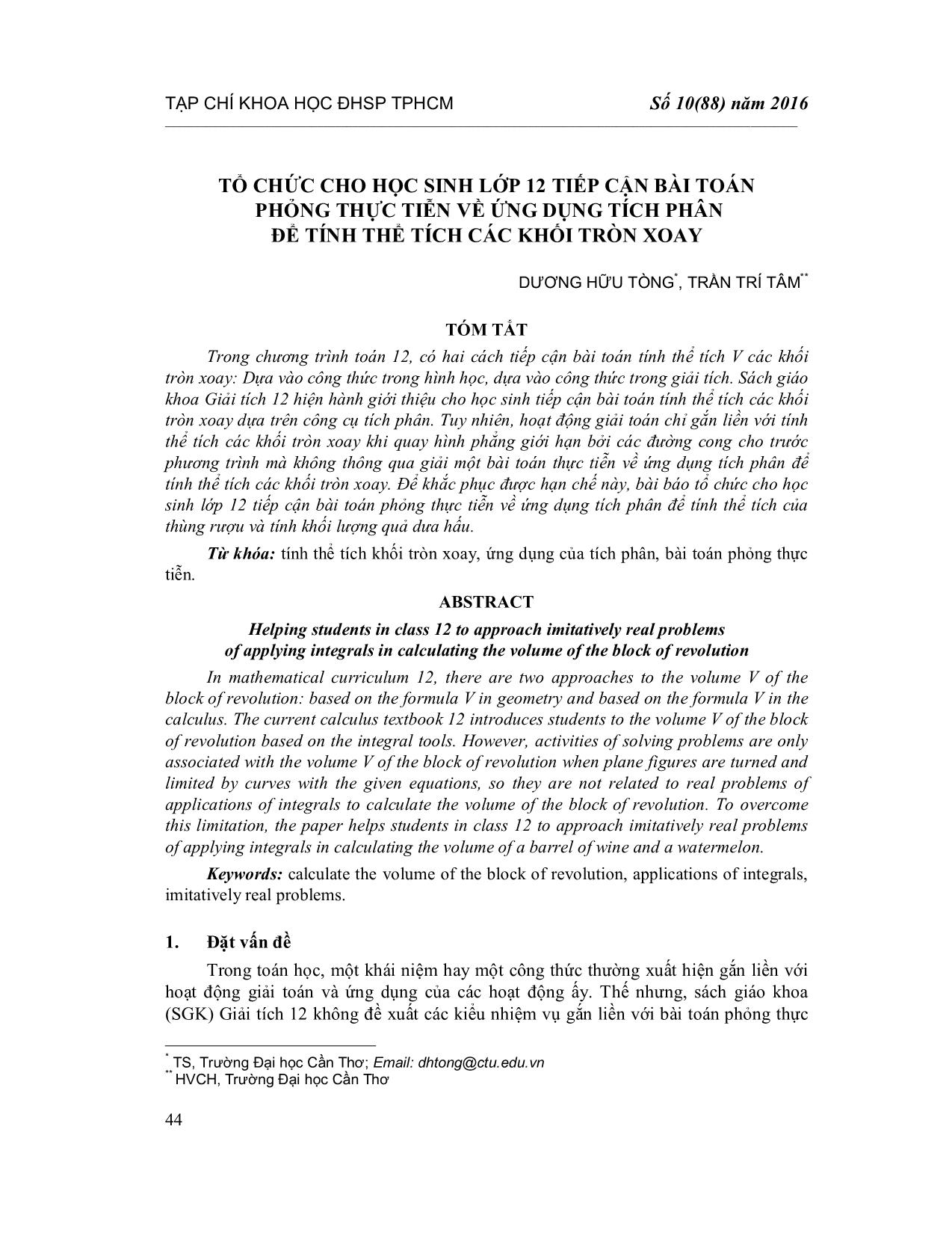 Tổ chức cho học sinh Lớp 12 tiếp cận bài toán phỏng thực tiễn về ứng dụng tích phân để tính thể tích các khối tròn xoay trang 1