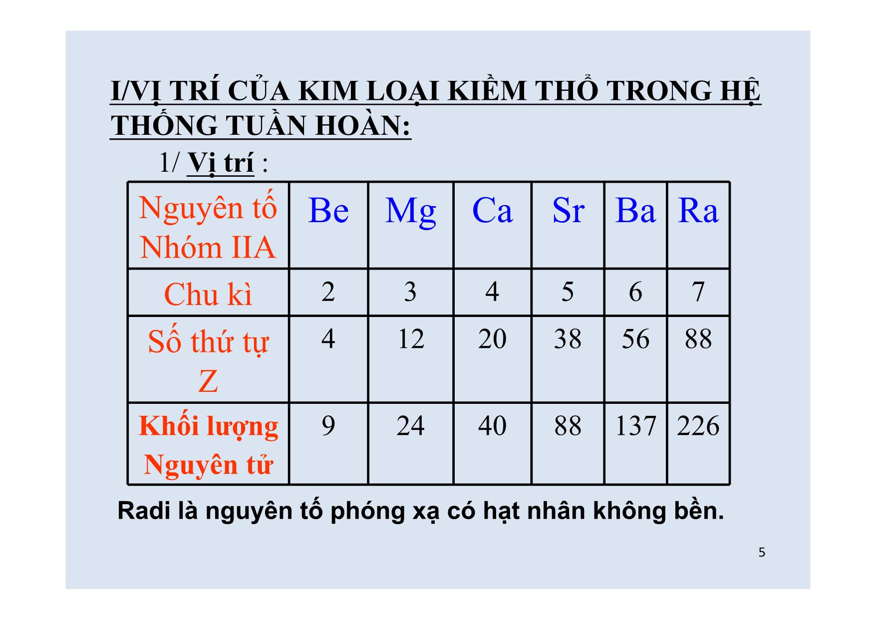 Bài giảng Hóa học Lớp 12 - Bài: Kim loại kiềm thổ và hợp chất quan trọng của kim loại kiềm thổ trang 5