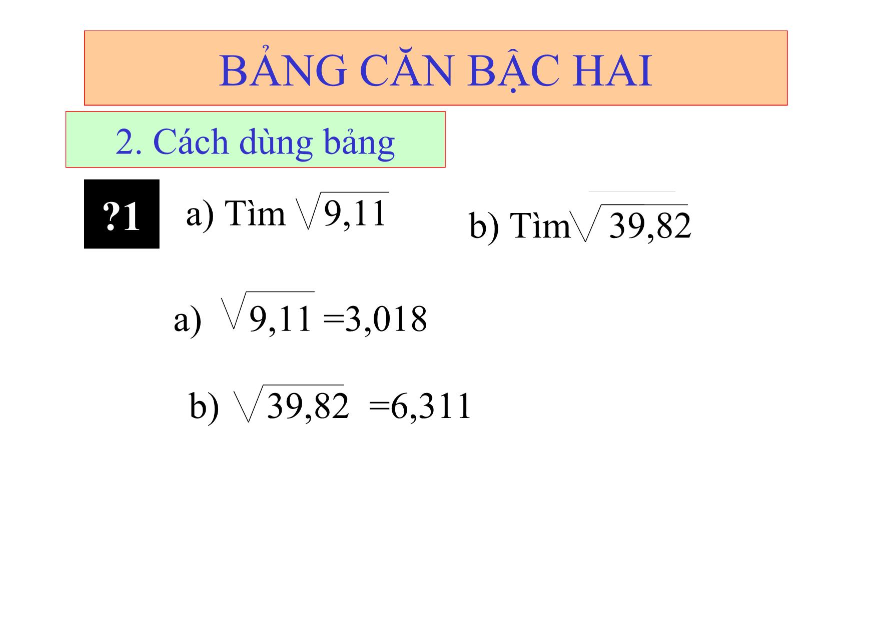 Bài giảng Đại số Lớp 9 - Bài 5: Bảng căn bậc hai trang 6