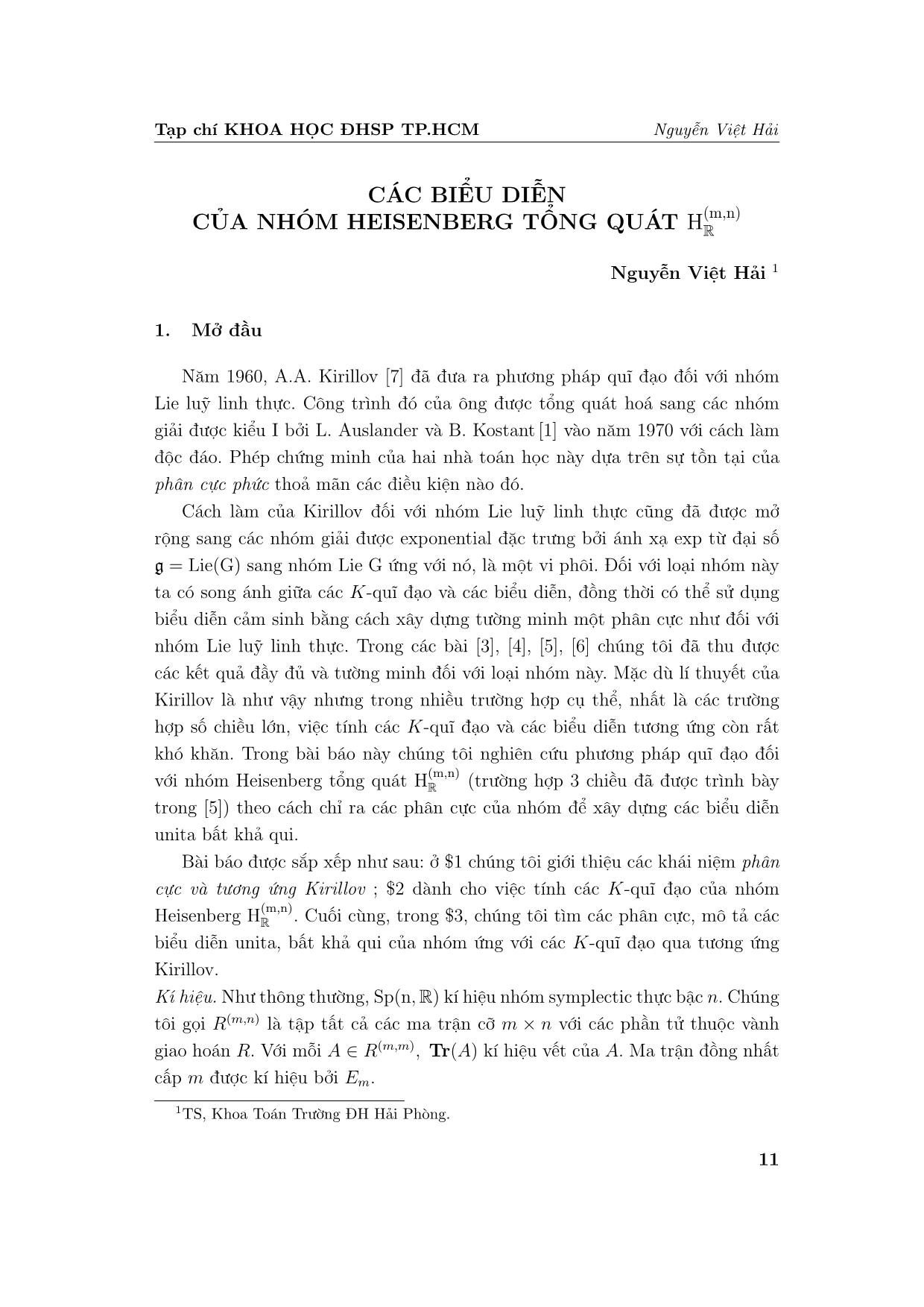 Các biểu diễn của nhóm Heisenberg tổng quát HR(m,n) trang 1