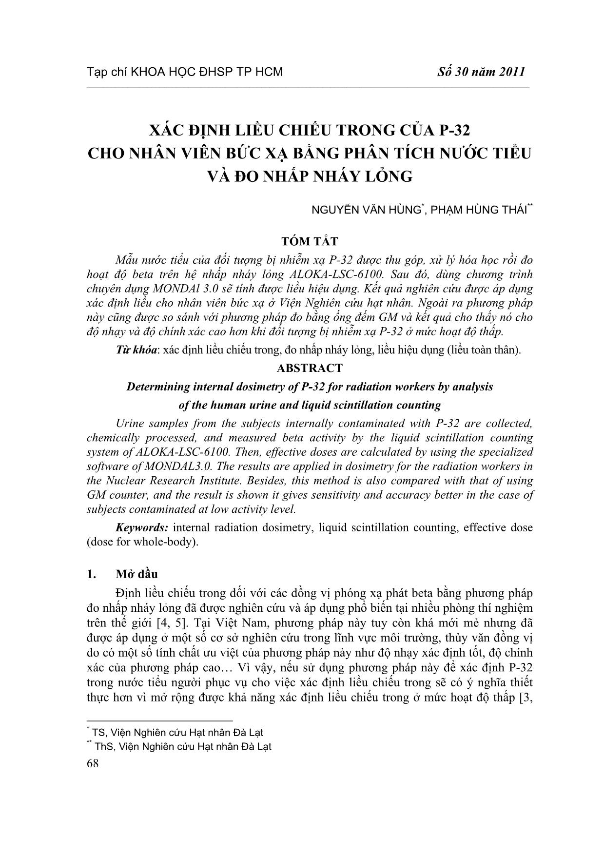 Xác định liều chiếu trong của P-32 cho nhân viên bức xạ bằng phân tích nước tiểu và đo nhấp nháy lỏng trang 1