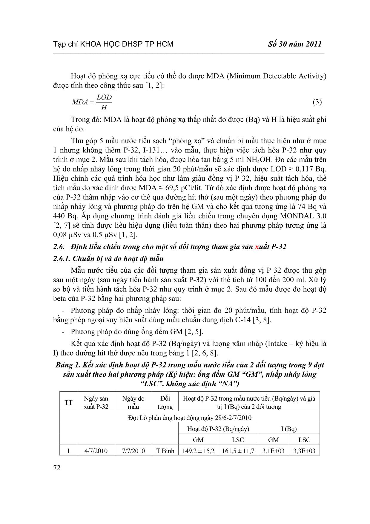 Xác định liều chiếu trong của P-32 cho nhân viên bức xạ bằng phân tích nước tiểu và đo nhấp nháy lỏng trang 5