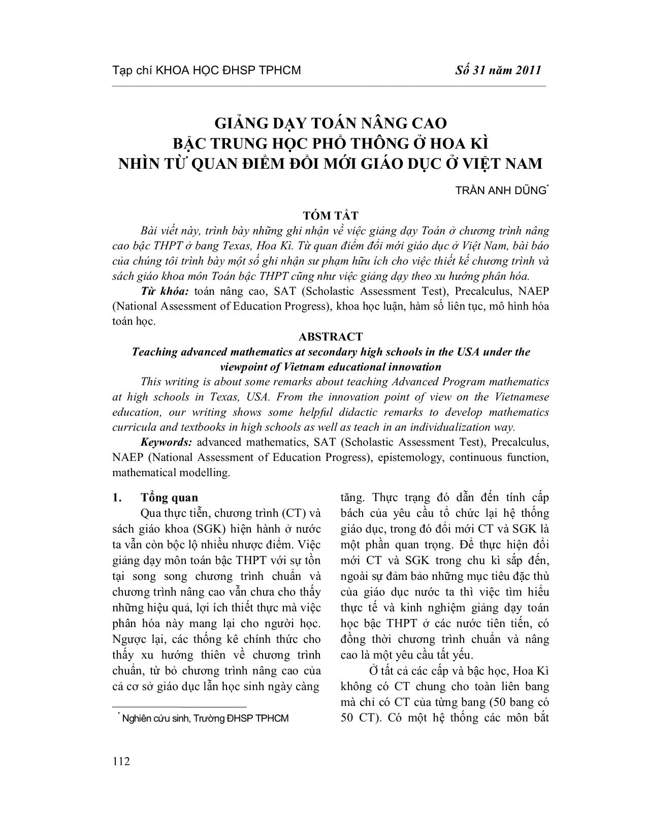 Giảng dạy toán nâng cao bậc Trung học phổ thông ở Hoa Kì nhìn từ quan điểm đổi mới giáo dục ở Việt Nam trang 1