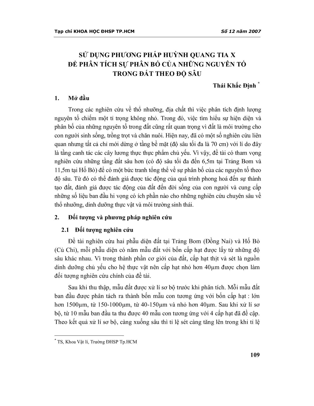 Sử dụng phương pháp huỳnh quang tia X để phân tích sự phân bố của những nguyên tố trong đất theo độ sâu trang 1