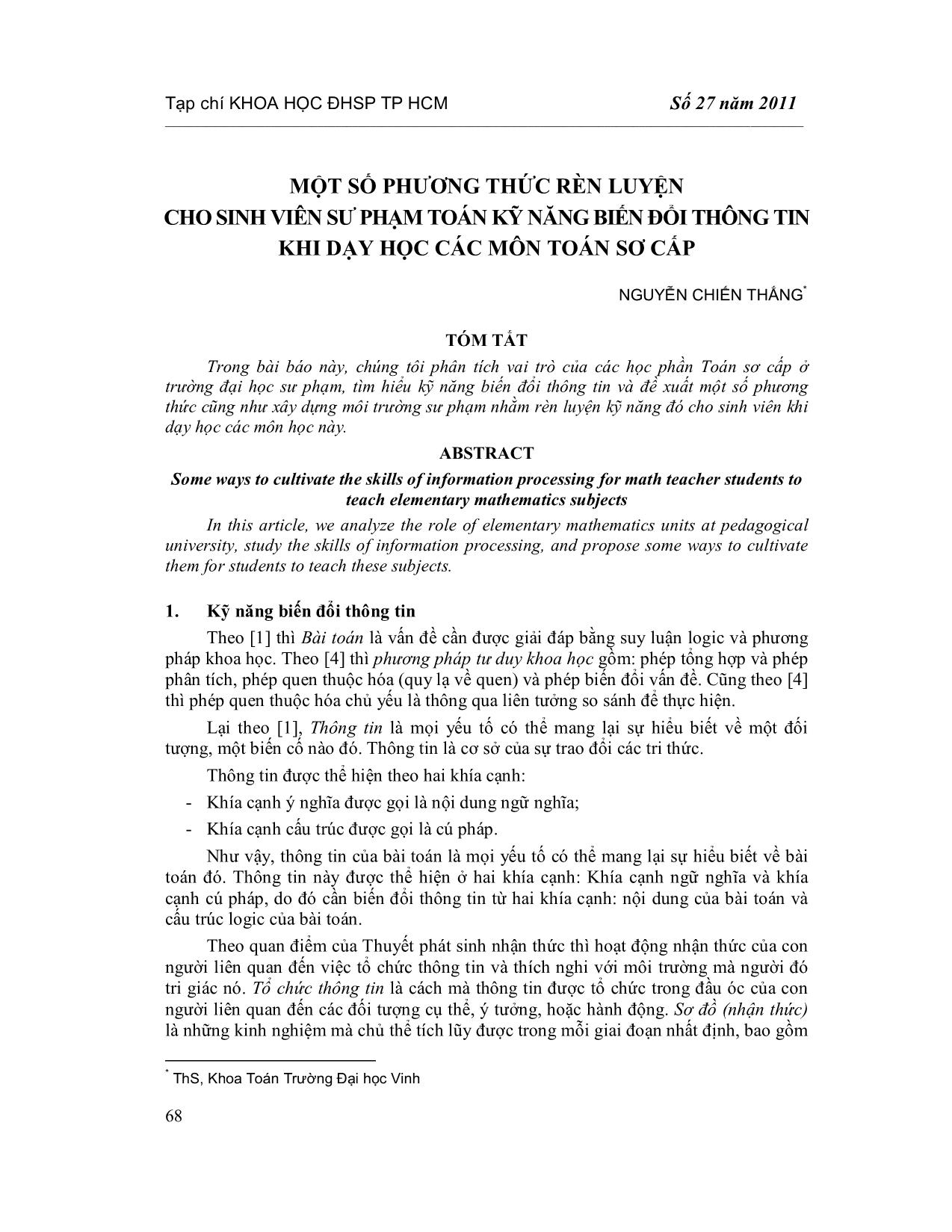 Một số phương thức rèn luyện cho sinh viên sư phạm Toán kỹ năng biến đổi thông tin khi dạy học các môn Toán sơ cấp trang 1