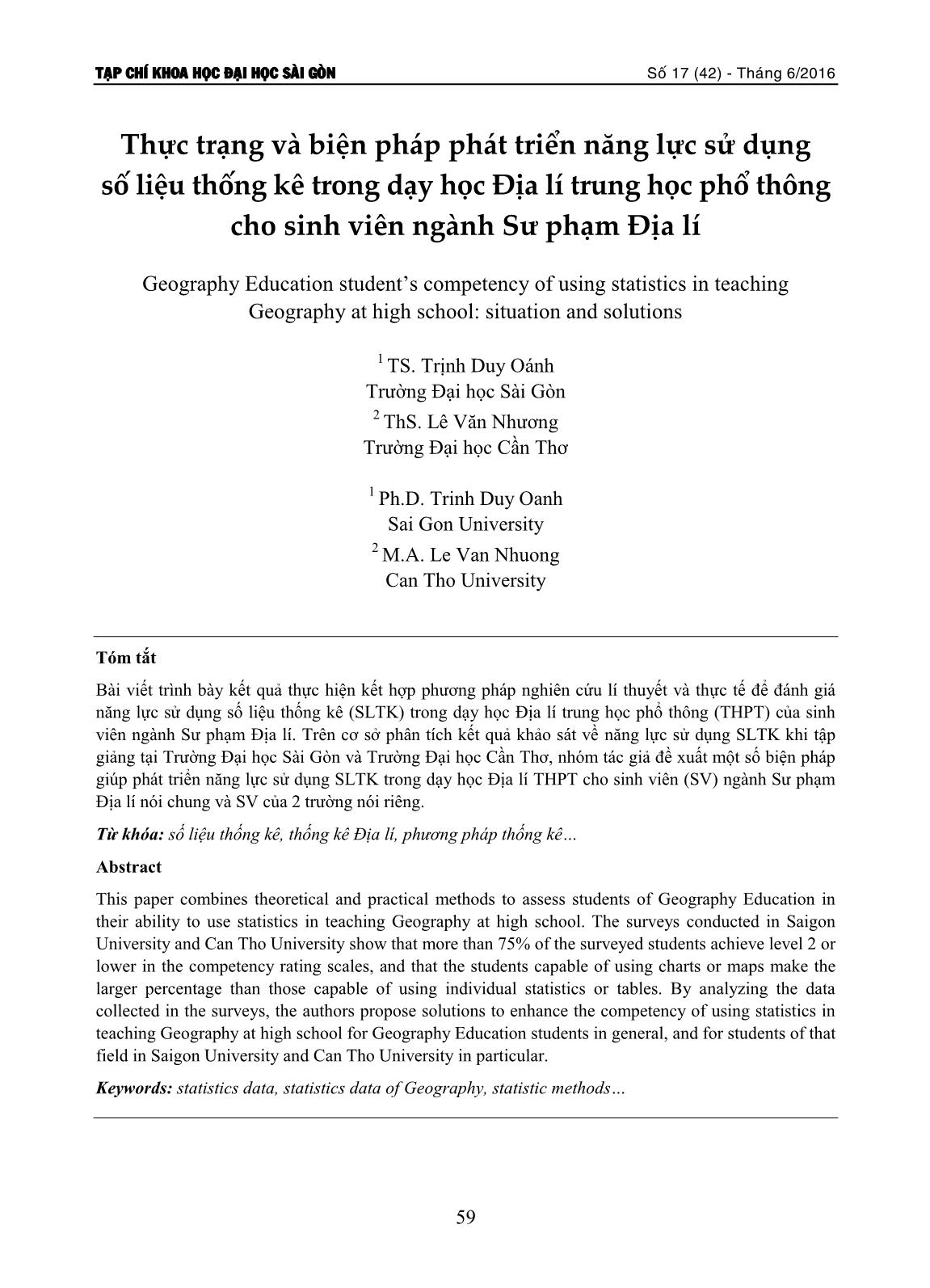 Thực trạng và biện pháp phát triển năng lực sử dụng số liệu thống kê trong dạy học Địa lí trung học phổ thông cho sinh viên ngành Sư phạm Địa lí trang 1