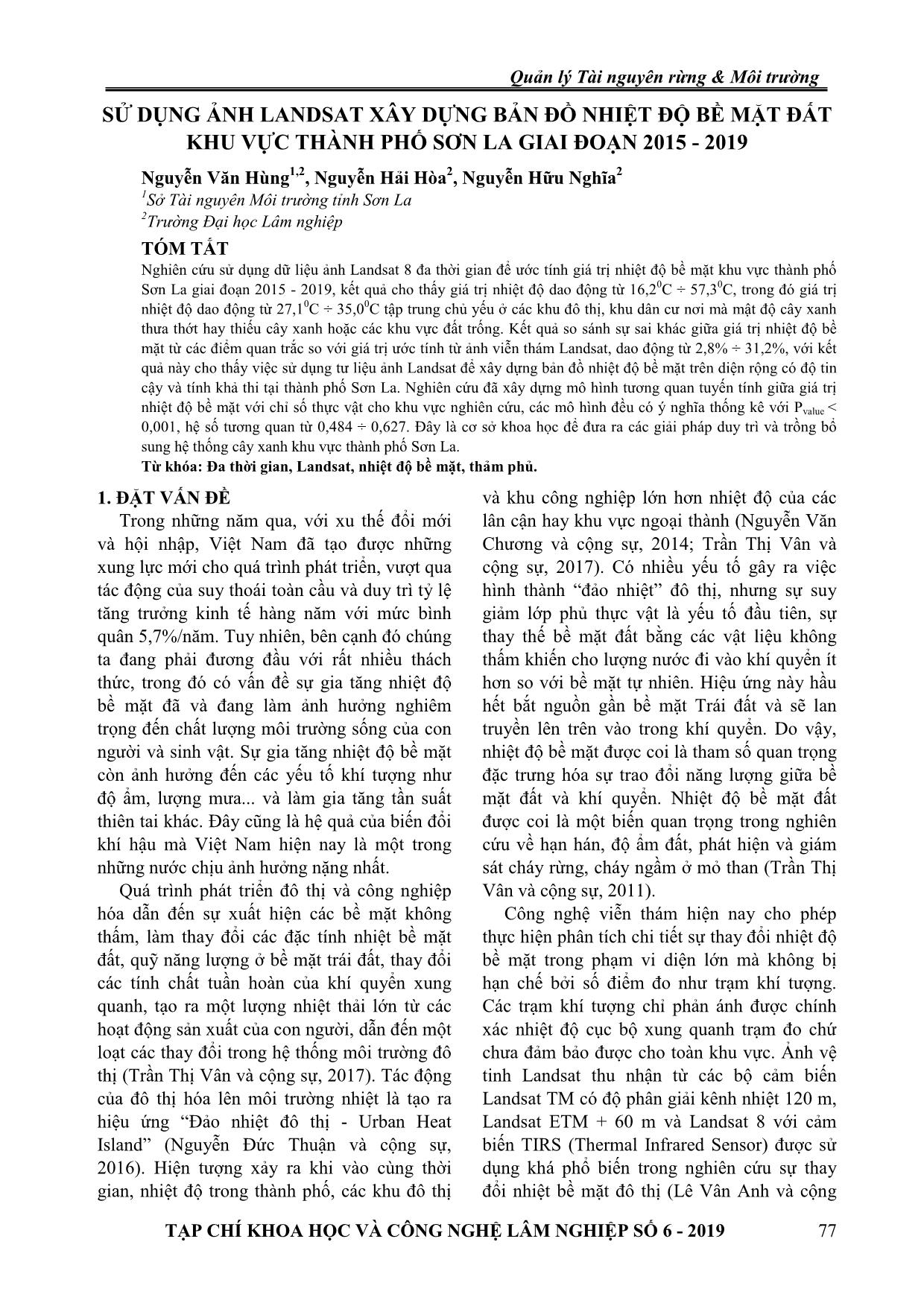 Ử dụng ảnh Landsat xây dựng bản đồ nhiệt độ bề mặt đất khu vực Thành phố Sơn La giai đoạn 2015-2019 trang 1