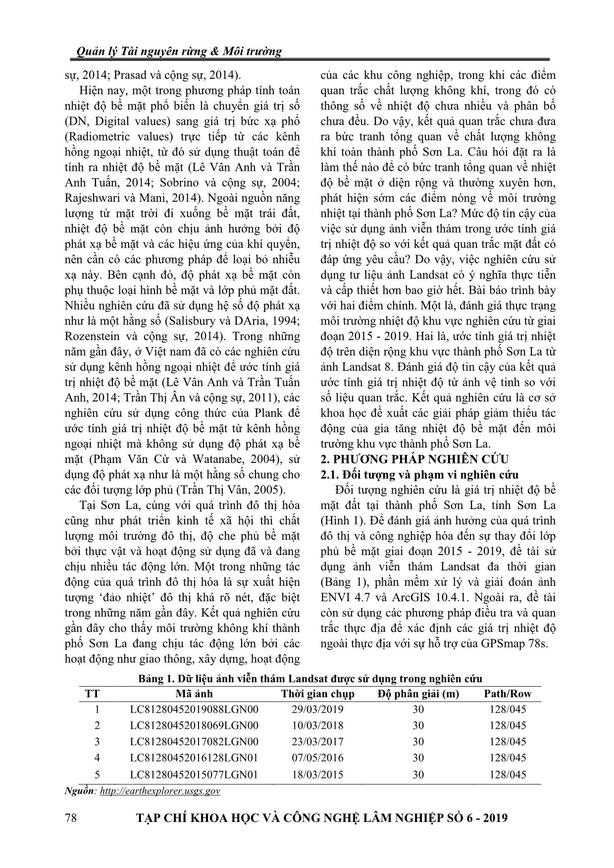 Ử dụng ảnh Landsat xây dựng bản đồ nhiệt độ bề mặt đất khu vực Thành phố Sơn La giai đoạn 2015-2019 trang 2