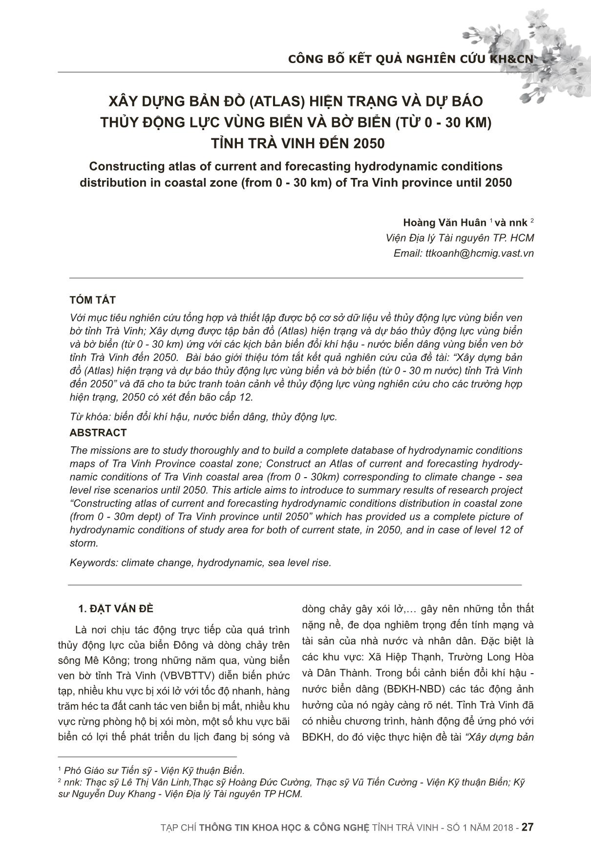 Xây dựng bản đồ (Atlas) hiện trạng và dự báo thủy động lực vùng biển và bờ biển (từ 0-30 km) tỉnhTrà Vinh đến 2050 trang 1