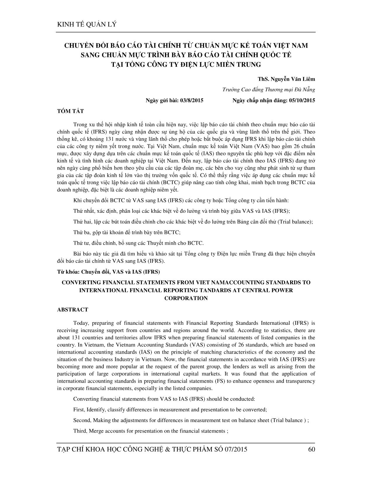 Chuyển đổi Báo cáo tài chính từ chuẩn mực kế toán Việt Nam sang chuẩn mực trình bày Báo cáo tài chính quốc tế tại Tổng công ty Điện lực miền Trung trang 1