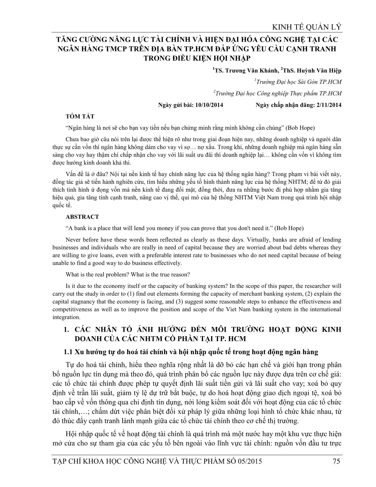 Tăng cường năng lực tài chính và hiện đại hóa công nghệ tại các ngân hàng TMCP trên địa bàn TP HCM đáp ứng yêu cầu cạnh tranh trong điều kiện hội nhập trang 1