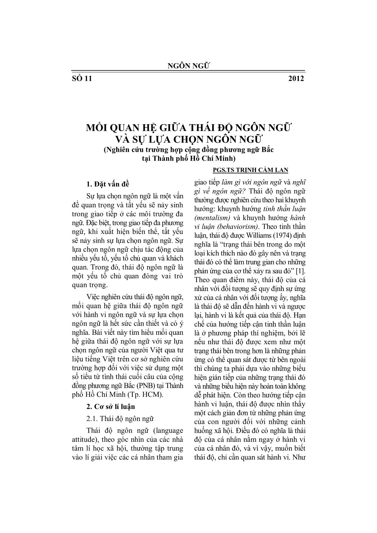 Mối quan hệ giữa thái độ ngôn ngữ và sự lựa chọn ngôn ngữ (Nghiên cứu trường hợp cộng đồng phương ngữ bắc tại Thành phố Hồ Chí Minh) trang 1