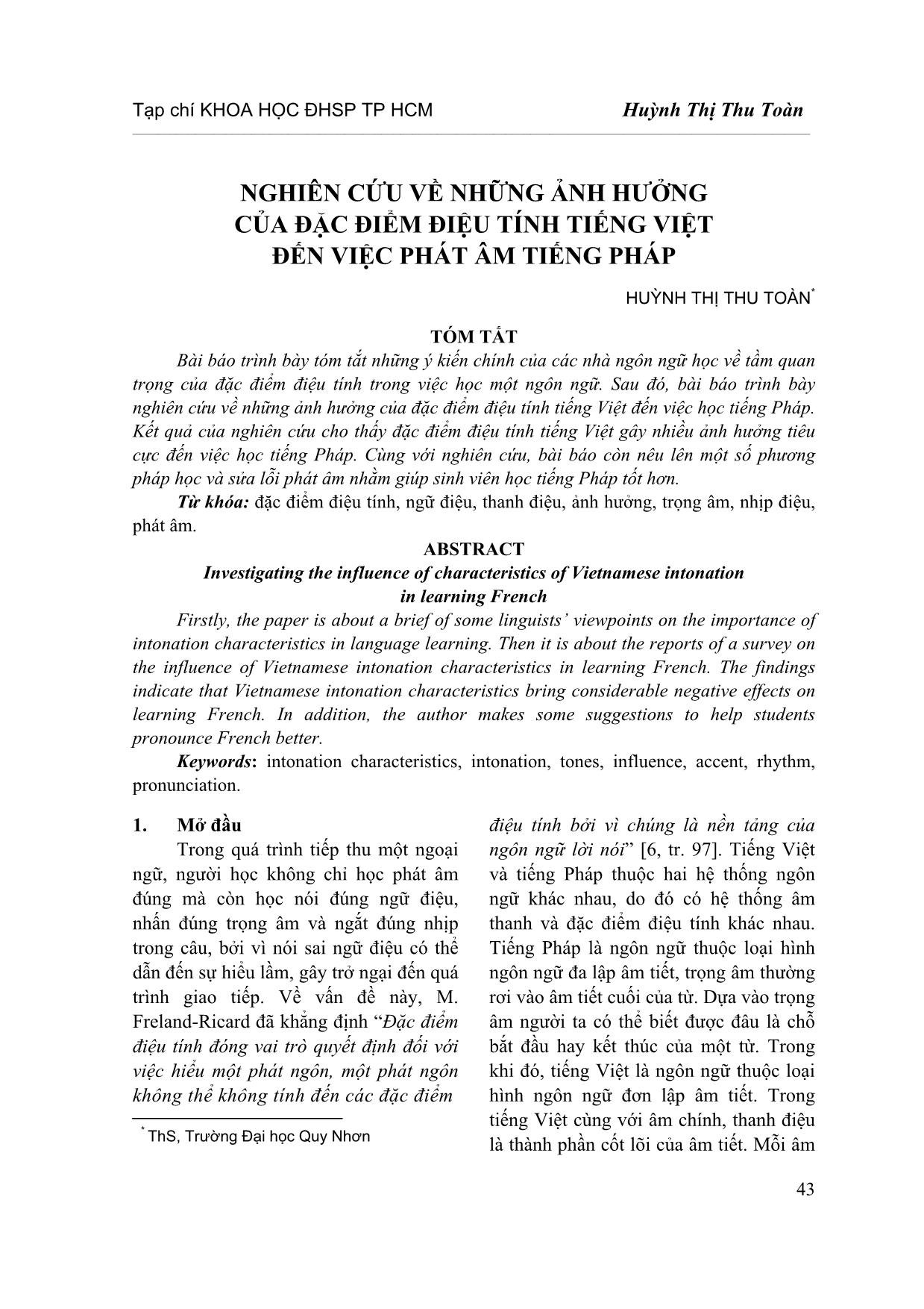 Nghiên cứu về những ảnh hưởng của đặc điểm điệu tính Tiếng Việt đến việc phát âm tiếng Pháp trang 1