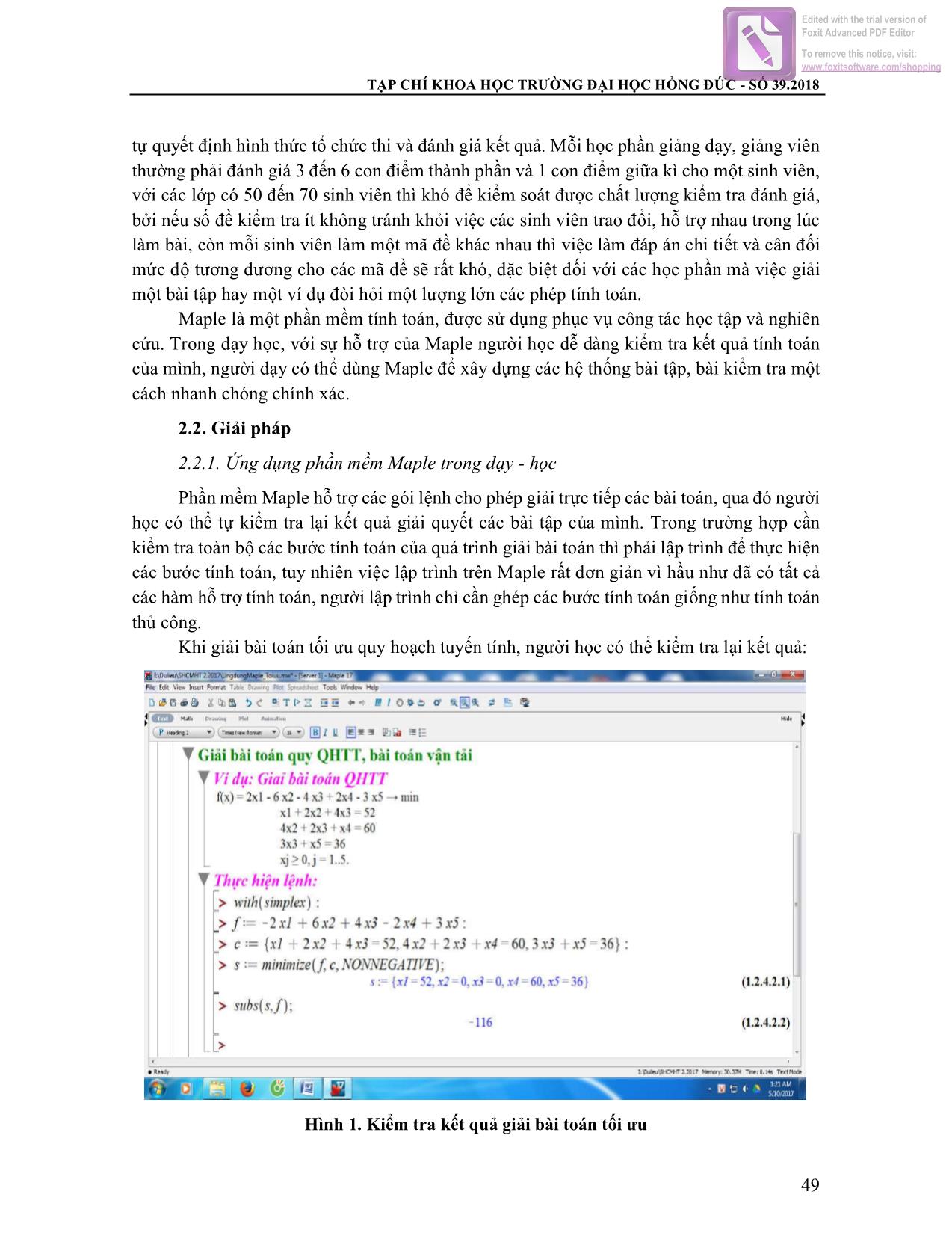 Ứng dụng phần mềm Maple để xây dựng hệ thống bài kiểm tra đánh giá kết quả học tập trang 2