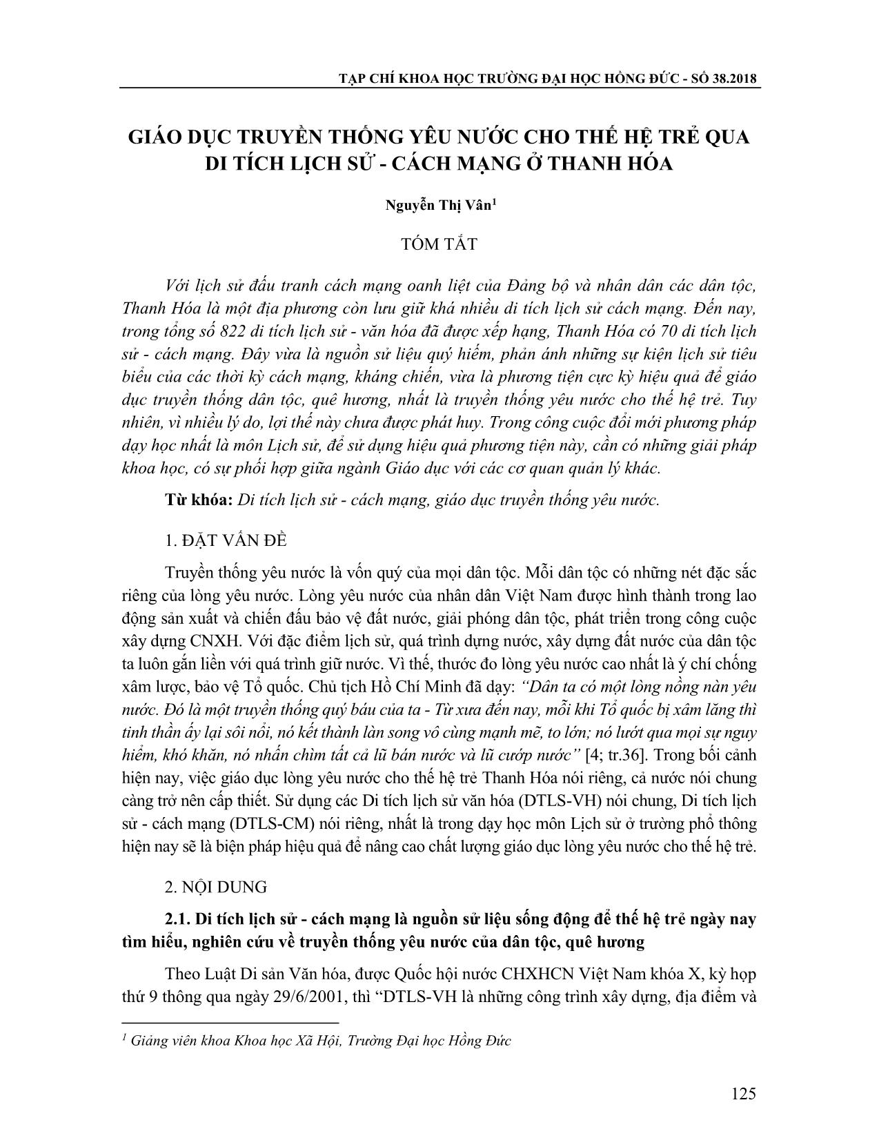 Giáo dục truyền thống yêu nước cho thế hệ trẻ qua Di tích lịch sử - Cách mạng ở Thanh Hóa trang 1