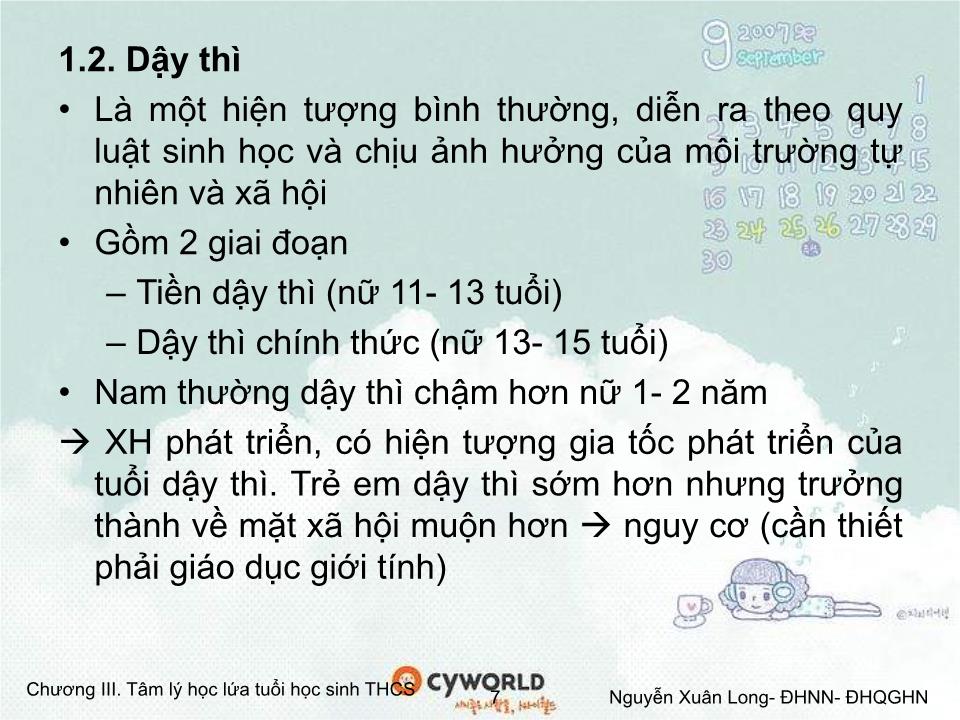 Bài giảng Tâm lý học 2 - Chương III: Tâm lý học lứa tuổi học sinh Trung học cơ sở (lứa tuổi thiếu niên) trang 7