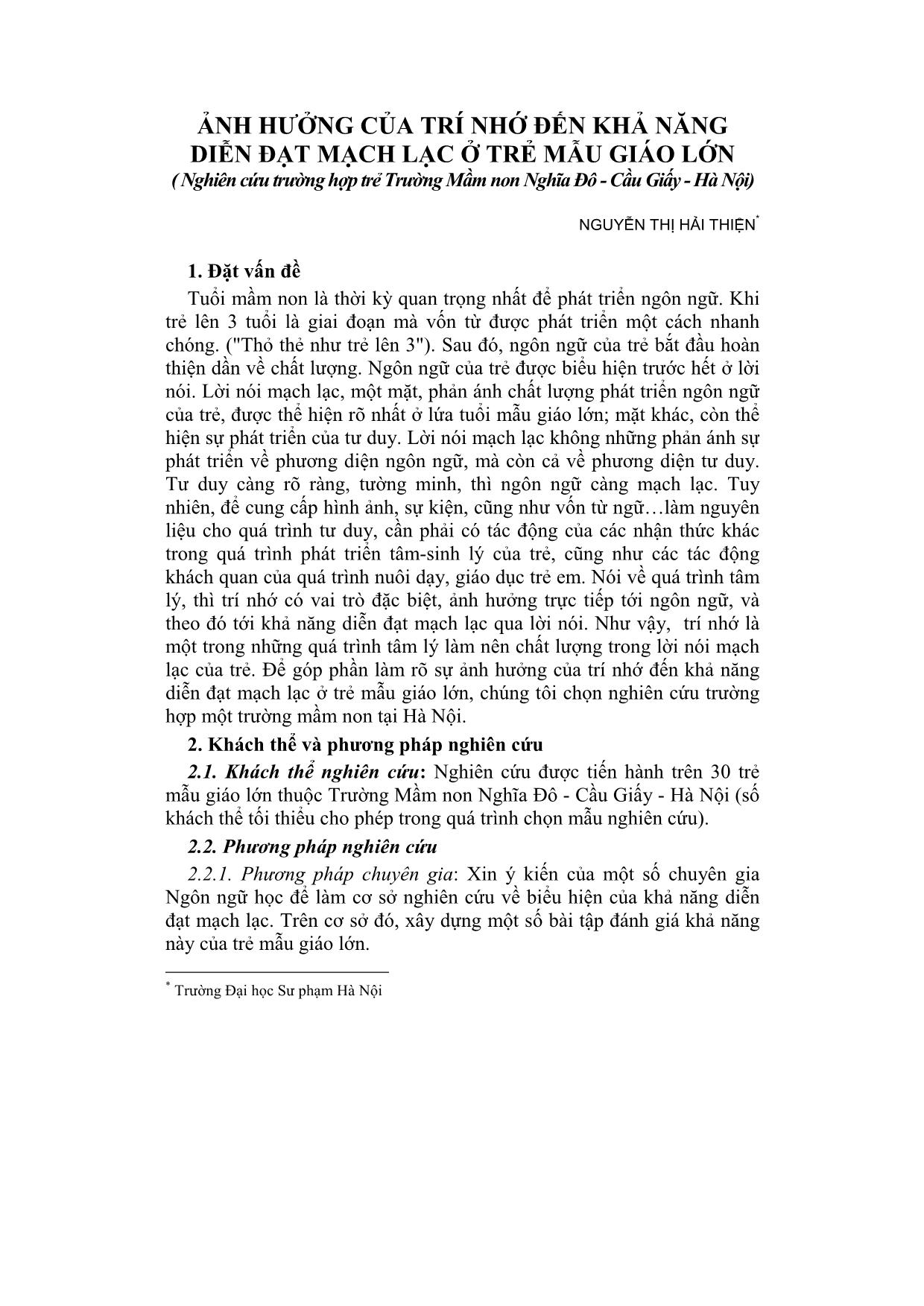 Ảnh hưởng của trí nhớ đến khả năng diễn đạt mạch lạc ở trẻ mẫu giáo lớn (Nghiên cứu trường hợp trẻ trường Mầm non Nghĩa Đô - Cầu Giấy - Hà Nội) trang 1