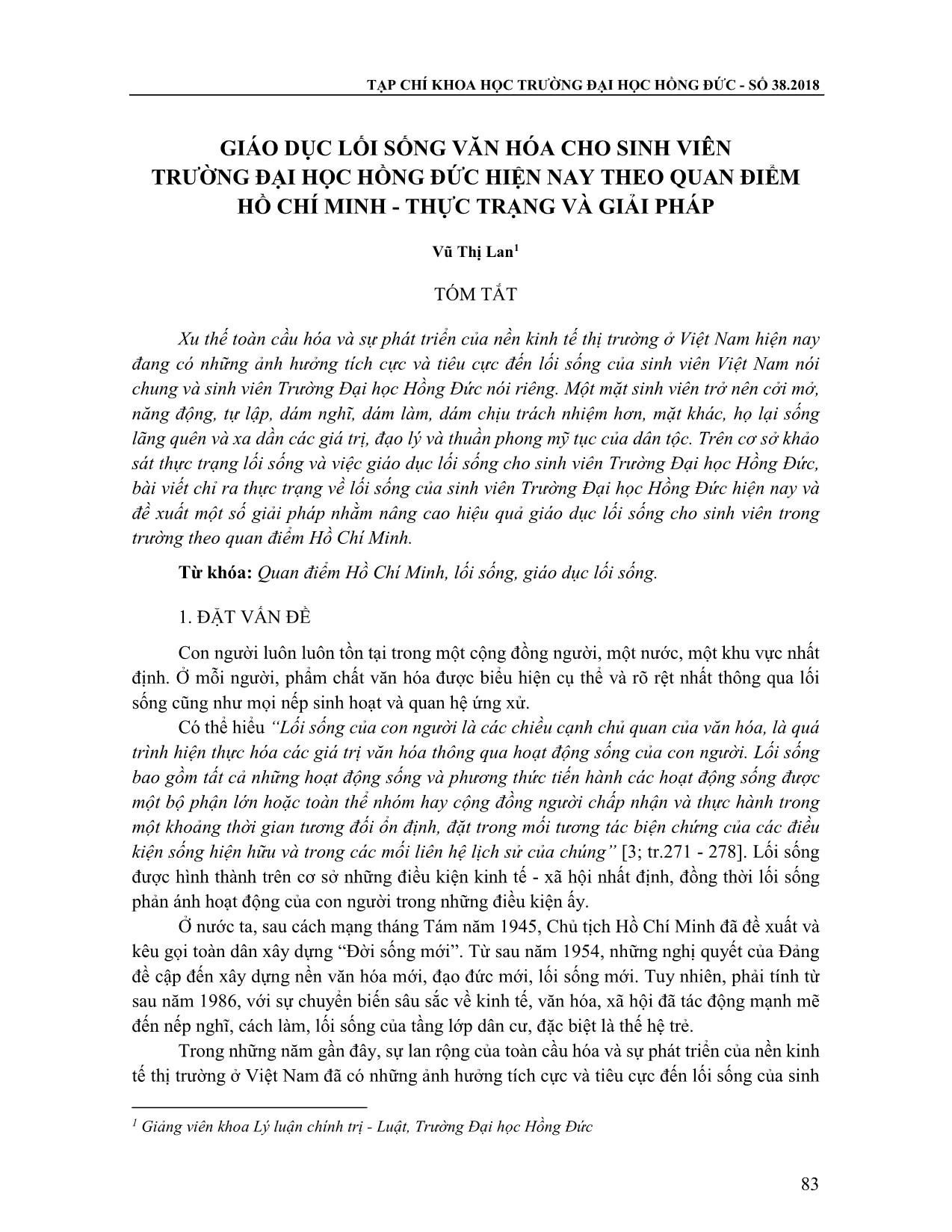 Giáo dục lối sống văn hóa cho sinh viên trường Đại học Hồng Đức hiện nay theo quan điểm Hồ Chí Minh - Thực trạng và giải pháp trang 1