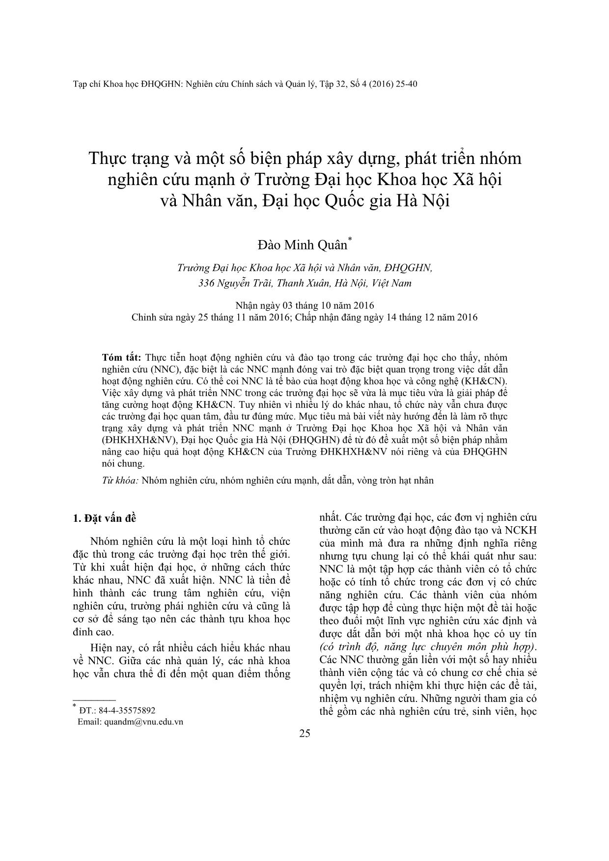 Thực trạng và một số biện pháp xây dựng, phát triển nhóm nghiên cứu mạnh ở Trường Đại học Khoa học Xã hội và Nhân văn, Đại học Quốc gia Hà Nội trang 1