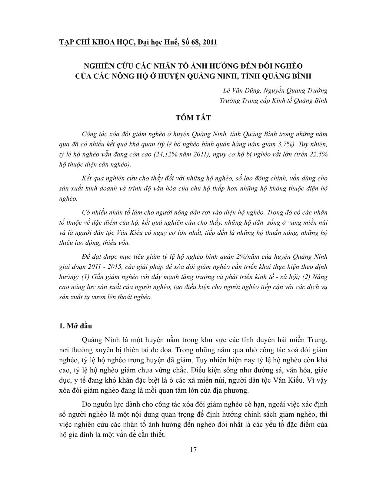 Nghiên cứu các nhân tố ảnh hưởng đến đói nghèo của các nông hộ ở huyện Quảng Ninh, tỉnh Quảng Bình trang 1