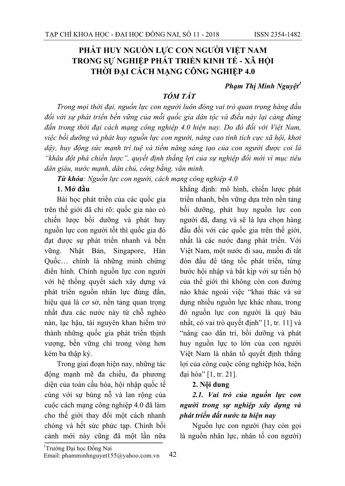 Phát huy nguồn lực con người Việt Nam trong sự nghiệp phát triển kinh tế - xã hội thời đại cách mạng công nghiệp 4.0 trang 1