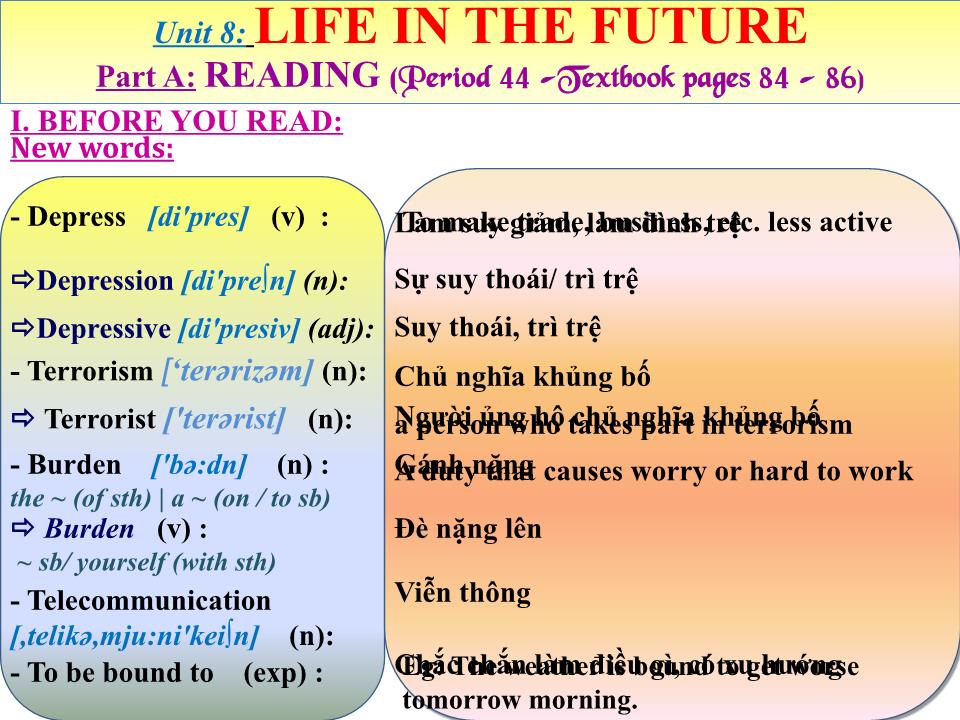 Bài giảng Tiếng Anh Lớp 12 - Unit 8: Life in the future - Part A: Reading trang 4