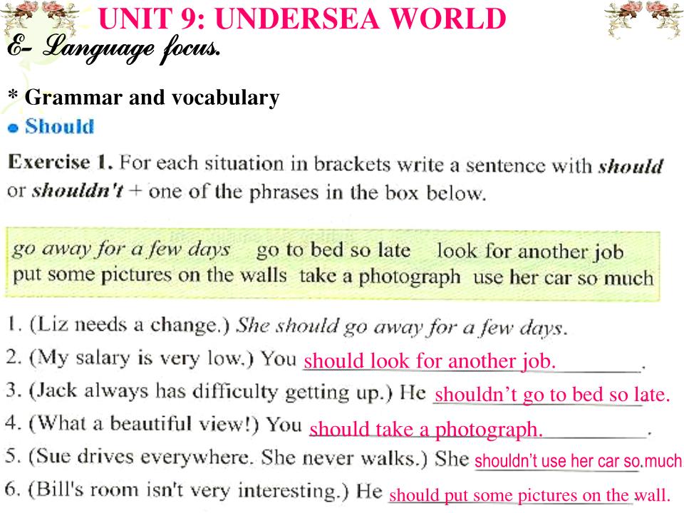 Bài giảng Tiếng Anh Lớp 10 - Unit 9: Undersea world - Lesson E: Langugage focus trang 5