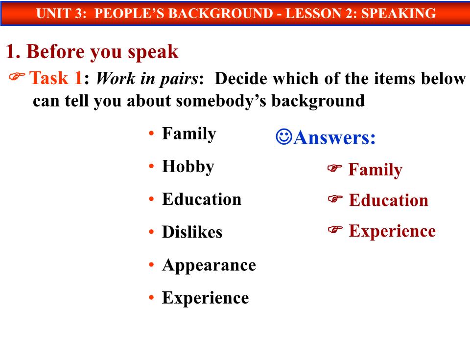 Bài giảng Tiếng Anh Lớp 10 - Unit 3: People’s background - Lesson 2: Speaking trang 10