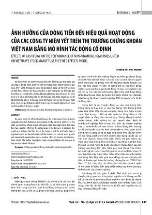 Ảnh hưởng của dòng tiền đến hiệu quả hoạt động của các công ty niêm yết trên thị trường chứng khoán Việt Nam bằng mô hình tác động cố định