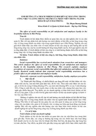 Ảnh hưởng của trách nhiệm xã hội đến sự hải lòng trong công việc và lòng trung thành của nhân viên trong ngành khách sạn ở Hải Phòng