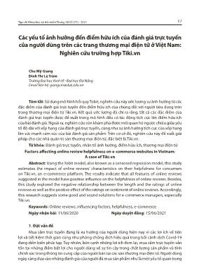 Các yếu tố ảnh hưởng đến điểm hữu ích của đánh giá trực tuyến của người dùng trên các trang thương mại điện tử ở Việt Nam: Nghiên cứu trường hợp Tiki.vn