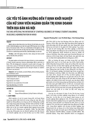 Các yếu tố ảnh hưởng đến ý định khởi nghiệp của nữ sinh viên ngành quản trị kinh doanh trên địa bàn Hà Nội