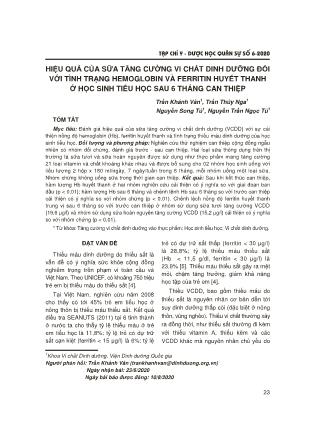 Hiệu quả của sữa tăng cường vi chất dinh dưỡng đối với tình trạng hemoglobin và ferritin huyết thanh ở học sinh Tiểu học sau 6 tháng can thiệp