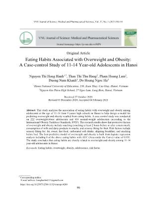 Thói quen ăn uống liên quan đến thừa cân, béo phì: Nghiên cứu bệnh - Chứng ở vị thành niên 11 - 14 tuổi tại Hà Nội năm 2020
