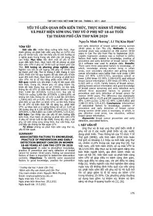 Yếu tố liên quan đến kiến thức, thực hành về phòng và phát hiện sớm ung thư vú ở phụ nữ 18-60 tuổi tại thành phố Cần Thơ năm 2020