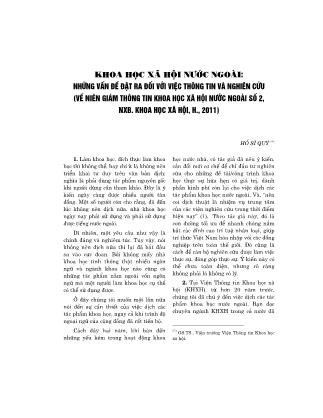 Khoa học xã hội nước ngoài: những vấn đề đặt ra đối với việc thông tin và nghiên cứu (về niên giám thông tin khoa học xã hội nước ngoài số 2, nxb. khoa học xã hội, h., 2011)