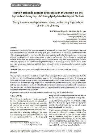 Nghiên cứu mối quan hệ giữa các kích thước trên cơ thể học sinh nữ Trung học Phổ thông tại địa bàn thành phố Chí Linh