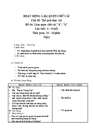 Giáo án Lớp Lá phần Hoạt động làm quen chữ cái - Thế giới thực vật - Làm quen chữ cái “h”, “k”