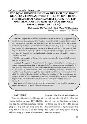 Ứng dụng phương pháp giao tiếp tích cực trong giảng dạy tiếng Anh theo chủ đề có định hướng thể thao nhằm nâng cao chất lượng học tập môn tiếng anh cho sinh viên năm thứ nhất trường Đại học sư phạm thể dục thể thao Hà Nội